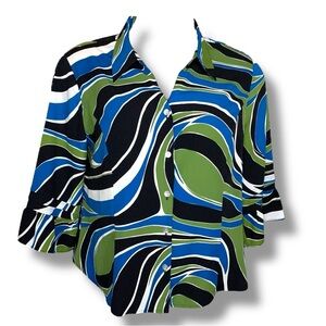 XL Y2K Era Covington Swirl Print Button Up Top Blue Green White Ruffle Accent